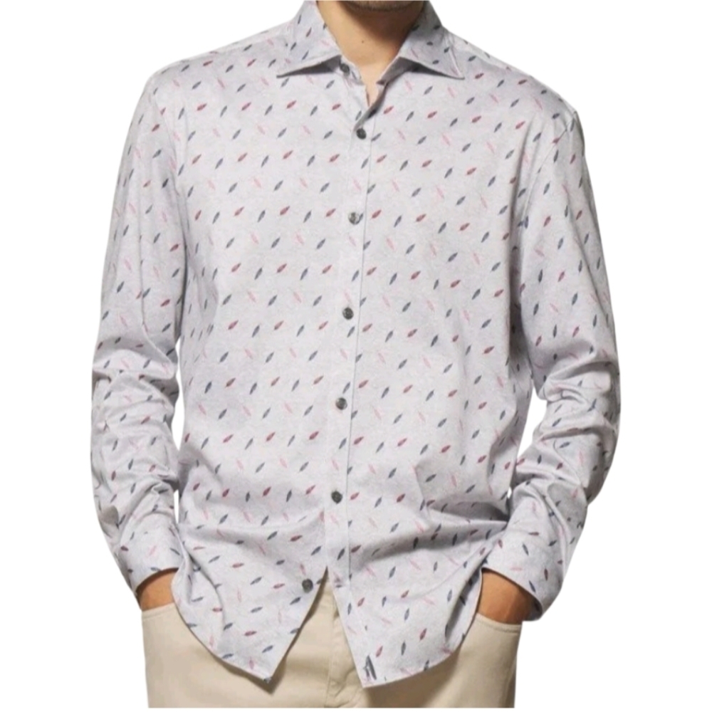 johnnie-O Ruskin Featherweight Button Up Shirt In Light Gray Feather Print Men M